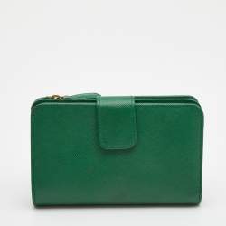 Pre Owned Prada Green Saffiano Metal Leather Logo French Wallet