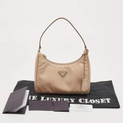 Pre Owned Prada Beige Tessuto Nylon Mini Re-Edition 2005 Baguette Bag