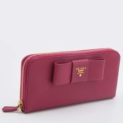 Pre Owned Prada Pink Saffiano Metal Leather Bow Continental Wallet