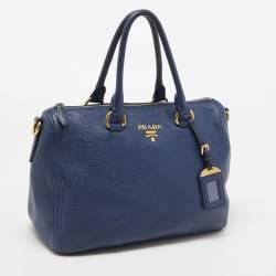 Pre Owned Prada Blue Vitello Daino Leather Boston Bag