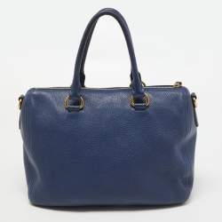 Pre Owned Prada Blue Vitello Daino Leather Boston Bag