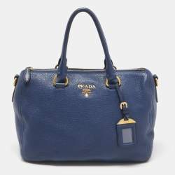 Pre Owned Prada Blue Vitello Daino Leather Boston Bag