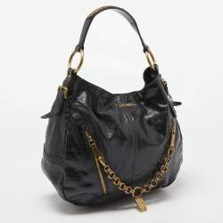 Prada Black Vitello Shine Leather Front Zip Hobo