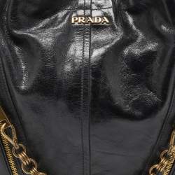 Prada Black Vitello Shine Leather Front Zip Hobo