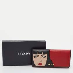 Prada Red/Black Leather Graphic Print Flap Continental Wallet