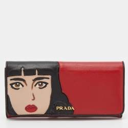 Prada Red/Black Leather Graphic Print Flap Continental Wallet