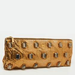 Pre Owned Prada Gold Watersnake Leather Whips Pietre Clutch