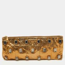 Pre Owned Prada Gold Watersnake Leather Whips Pietre Clutch