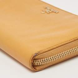 Pre Owned Prada Mustard Saffiano Lux Leather Zip Around Continental Wallet
