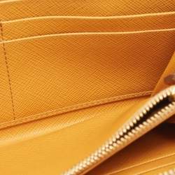 Pre Owned Prada Mustard Saffiano Lux Leather Zip Around Continental Wallet