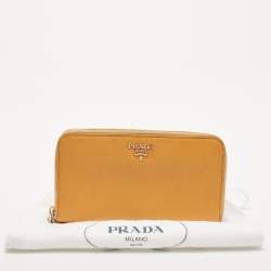 Pre Owned Prada Mustard Saffiano Lux Leather Zip Around Continental Wallet