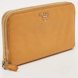 Pre Owned Prada Mustard Saffiano Lux Leather Zip Around Continental Wallet