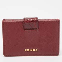 Prada Burgundy Saffiano Leather and Croccodile 5 Gussets Card Case
