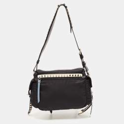 Prada Black/Blue Nylon and Leather New Vela Studded Messenger Bag