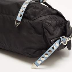 Prada Black/Blue Nylon and Leather New Vela Studded Messenger Bag