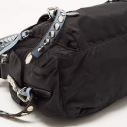 Prada Black/Blue Nylon and Leather New Vela Studded Messenger Bag