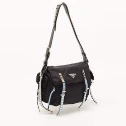 Prada Black/Blue Nylon and Leather New Vela Studded Messenger Bag