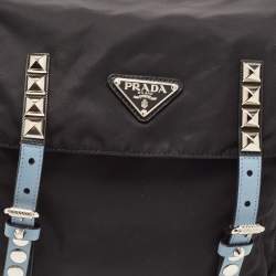 Prada Black/Blue Nylon and Leather New Vela Studded Messenger Bag