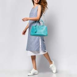 Pre Owned Prada Turquoise Green Saffiano Lux Leather Small Double Zip Tote