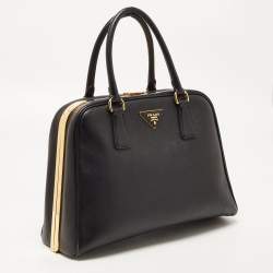 Pre Owned Prada Black Saffiano Lux Leather Pyramid Frame Satchel