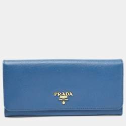 Pre Owned Prada Blue Saffiano Leather Logo Flap Continental Wallet
