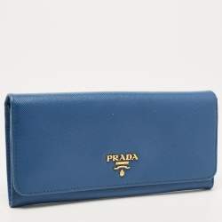 Pre Owned Prada Blue Saffiano Leather Logo Flap Continental Wallet