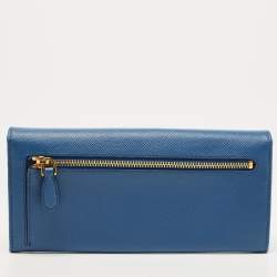 Pre Owned Prada Blue Saffiano Leather Logo Flap Continental Wallet