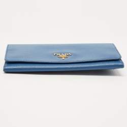 Pre Owned Prada Blue Saffiano Leather Logo Flap Continental Wallet