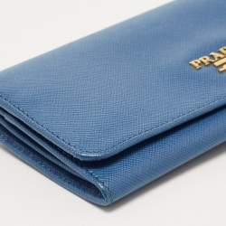 Pre Owned Prada Blue Saffiano Leather Logo Flap Continental Wallet