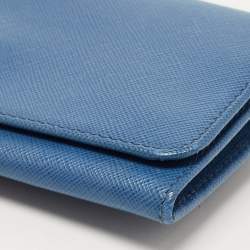 Pre Owned Prada Blue Saffiano Leather Logo Flap Continental Wallet