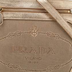Pre Owned Prada Beige/Gold Logo Jacquard Canvas and Leather Messenger Bag