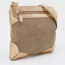 Pre Owned Prada Beige/Gold Logo Jacquard Canvas and Leather Messenger Bag