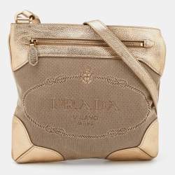 Pre Owned Prada Beige/Gold Logo Jacquard Canvas and Leather Messenger Bag
