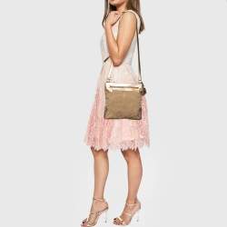 Pre Owned Prada Beige/Gold Logo Jacquard Canvas and Leather Messenger Bag
