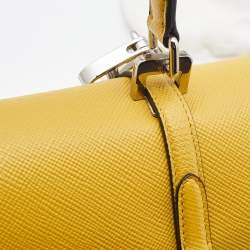 Pre Owned Prada Yellow Saffiano Cuir Leather Double Turn Lock Top Handle Bag