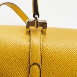 Pre Owned Prada Yellow Saffiano Cuir Leather Double Turn Lock Top Handle Bag