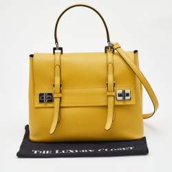 Pre Owned Prada Yellow Saffiano Cuir Leather Double Turn Lock Top Handle Bag