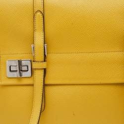 Pre Owned Prada Yellow Saffiano Cuir Leather Double Turn Lock Top Handle Bag