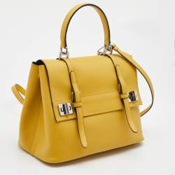 Pre Owned Prada Yellow Saffiano Cuir Leather Double Turn Lock Top Handle Bag