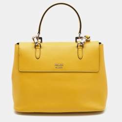 Pre Owned Prada Yellow Saffiano Cuir Leather Double Turn Lock Top Handle Bag