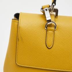 Pre Owned Prada Yellow Saffiano Cuir Leather Double Turn Lock Top Handle Bag