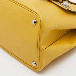 Pre Owned Prada Yellow Saffiano Cuir Leather Double Turn Lock Top Handle Bag