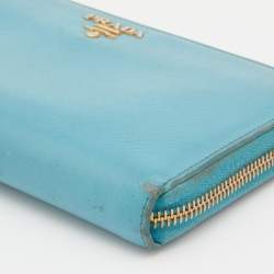 Prada Blue Saffiano Lux Leather Zip Around Wallet