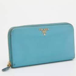 Prada Blue Saffiano Lux Leather Zip Around Wallet