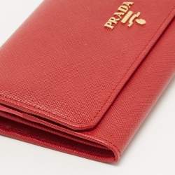 Prada Red Saffiano Metal Leather Logo Flap Continental Wallet