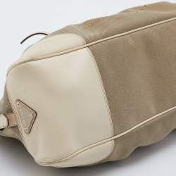 Pre Owned Prada Beige Canvas and Leather Jacquard Logo Satchel
