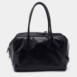 Pre Owned Prada Black Leather Top Zip Boston Bag