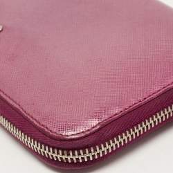 Prada Metallic Magenta Saffiano Metal Leather Zip Around Wallet
