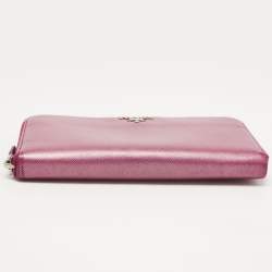 Prada Metallic Magenta Saffiano Metal Leather Zip Around Wallet