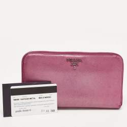 Prada Metallic Magenta Saffiano Metal Leather Zip Around Wallet